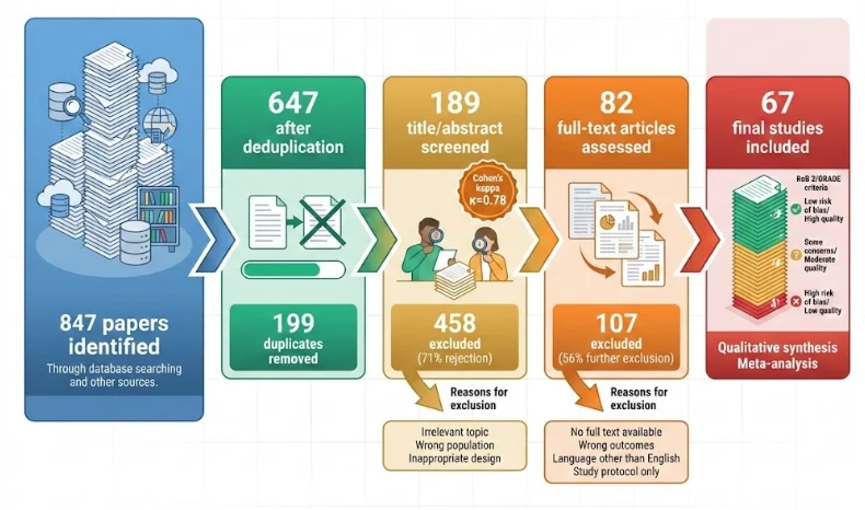 PRISMA screening pipeline showing the complete workflow from 847 papers identified through database search, deduplication, title/abstract screening with Cohen’s kappa, full-text assessment, to 67 final studies included with quality grading