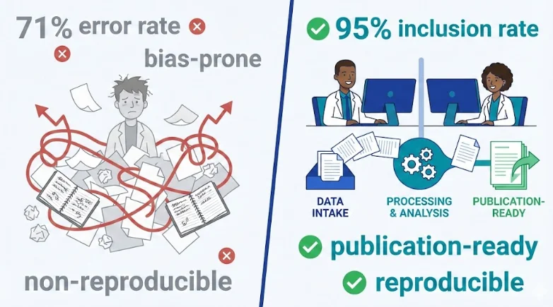 Comparison of systematic vs informal research paper screening methods, showing 71% error rate and non-reproducible results on the left versus 95% inclusion rate and publication-ready results on the right