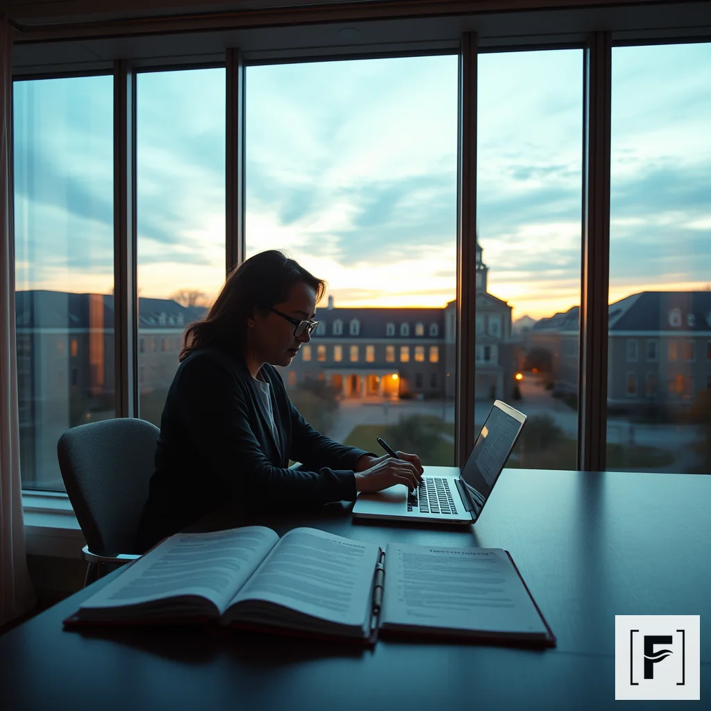 A researcher writing at a desk at dusk, symbolizing the transition from data synthesis to dissertation writing.