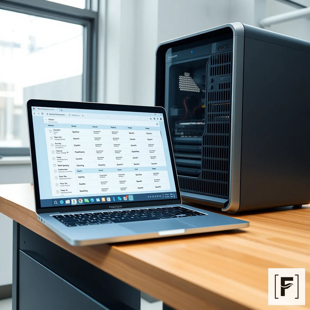 A sleek laptop and desktop setup running local-first research software on a clean laboratory desk.