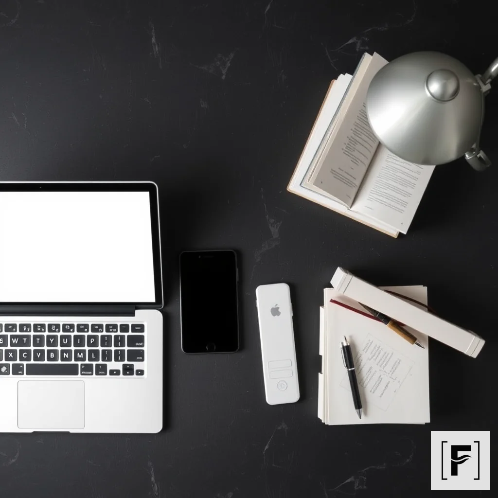 Arrangement of professional research tools and scientific journals on a dark slate desktop.