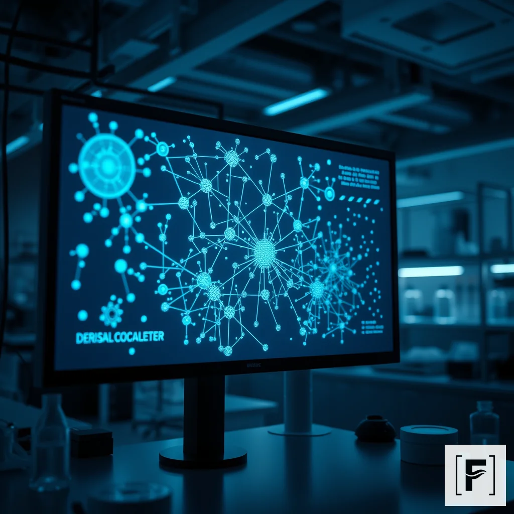Digital interface visualization displaying complex biological network nodes and molecular pathways.