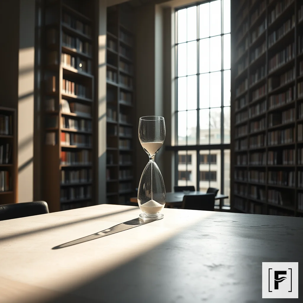 Sleek minimalist hourglass on a polished concrete desk in a modern library.