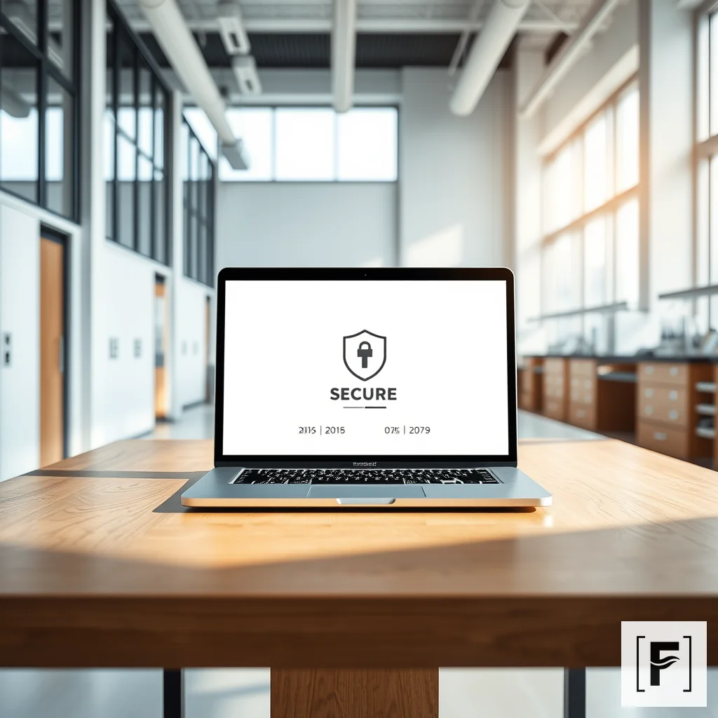 A secure laptop resting on a wooden table inside a quiet medical research laboratory.