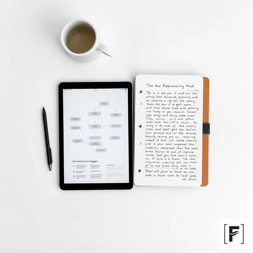 A minimalist workspace showing structured research notes and flowchart diagrams on a digital tablet.