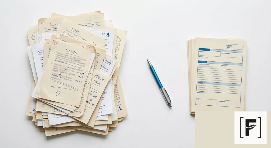 Documents sorted into two piles on white surface.