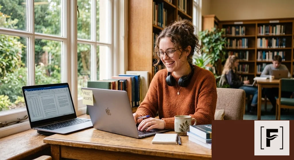 Smiling PhD student working on laptop in library.