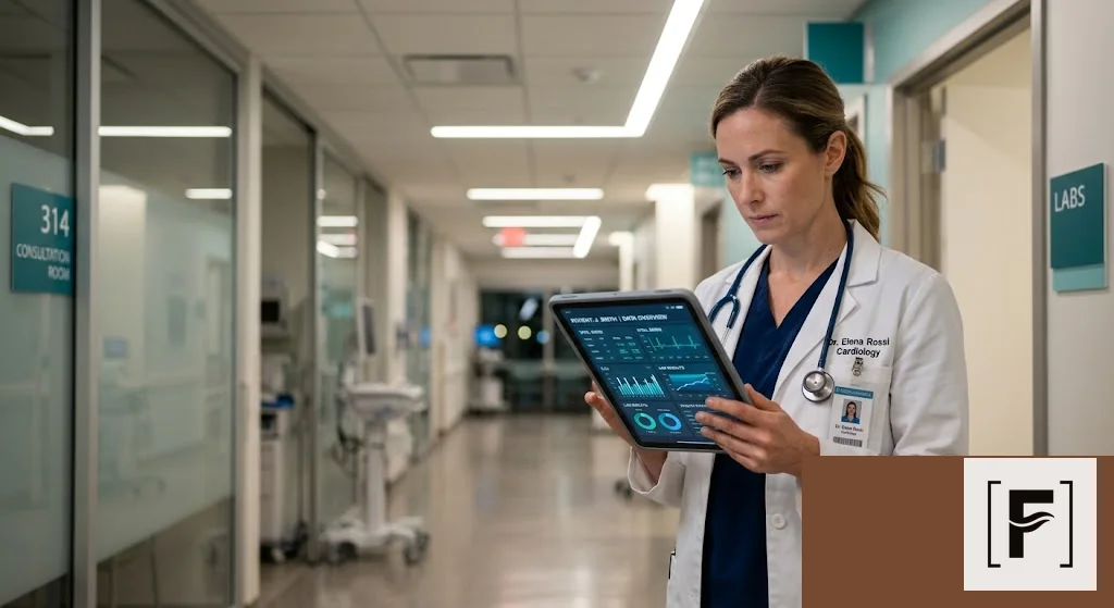 Doctor using secure tablet with data in hospital ward.