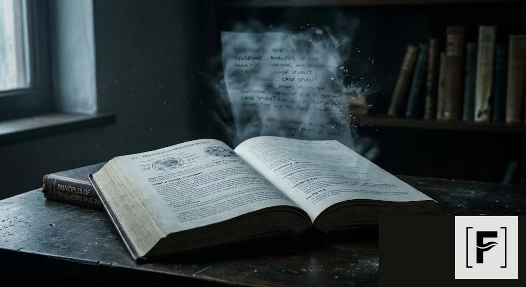 Ghostly text floating above open medical textbook.