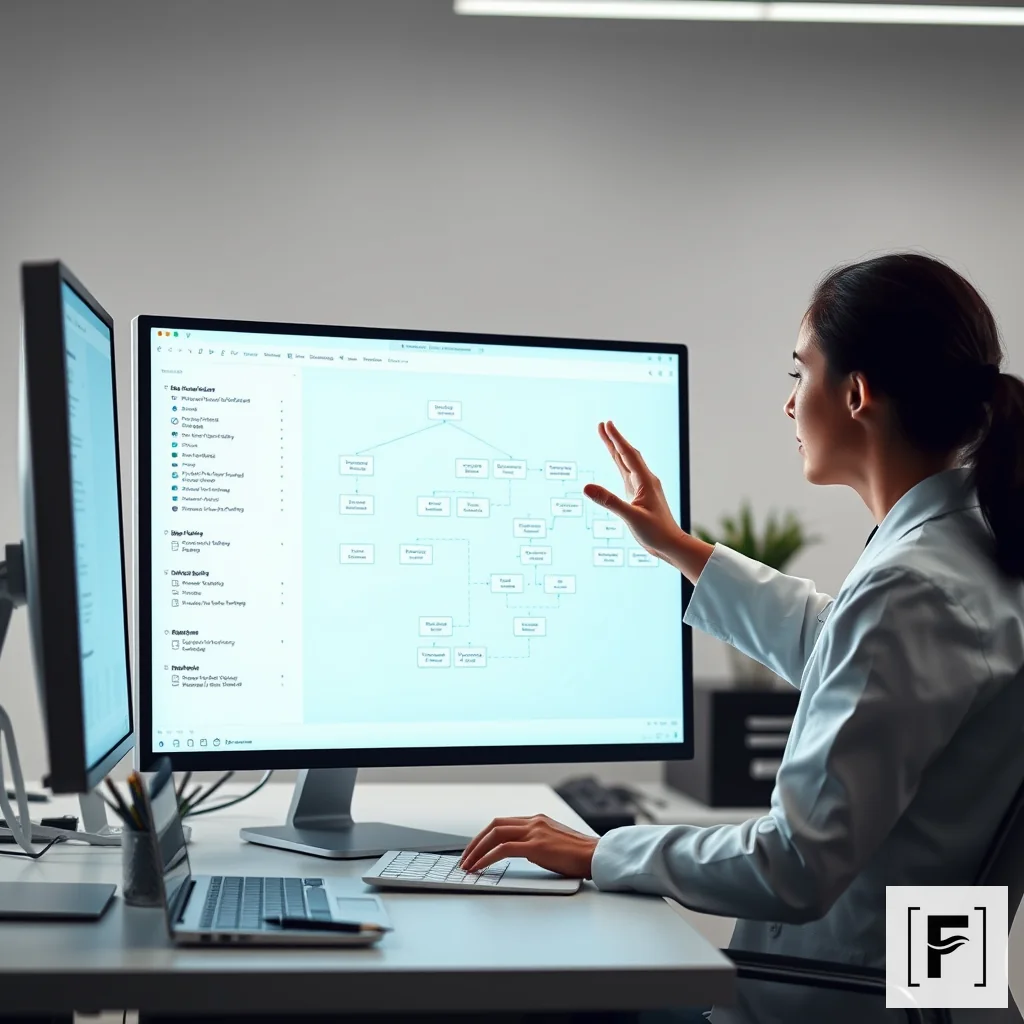 A researcher viewing an automated, perfectly structured flow chart on a digital display.
