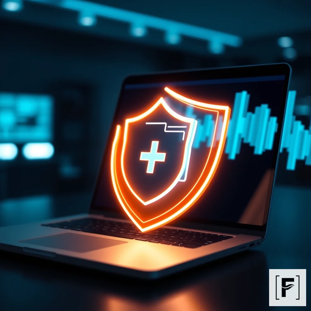 A digital shield protecting medical data files on a secure laptop computer.