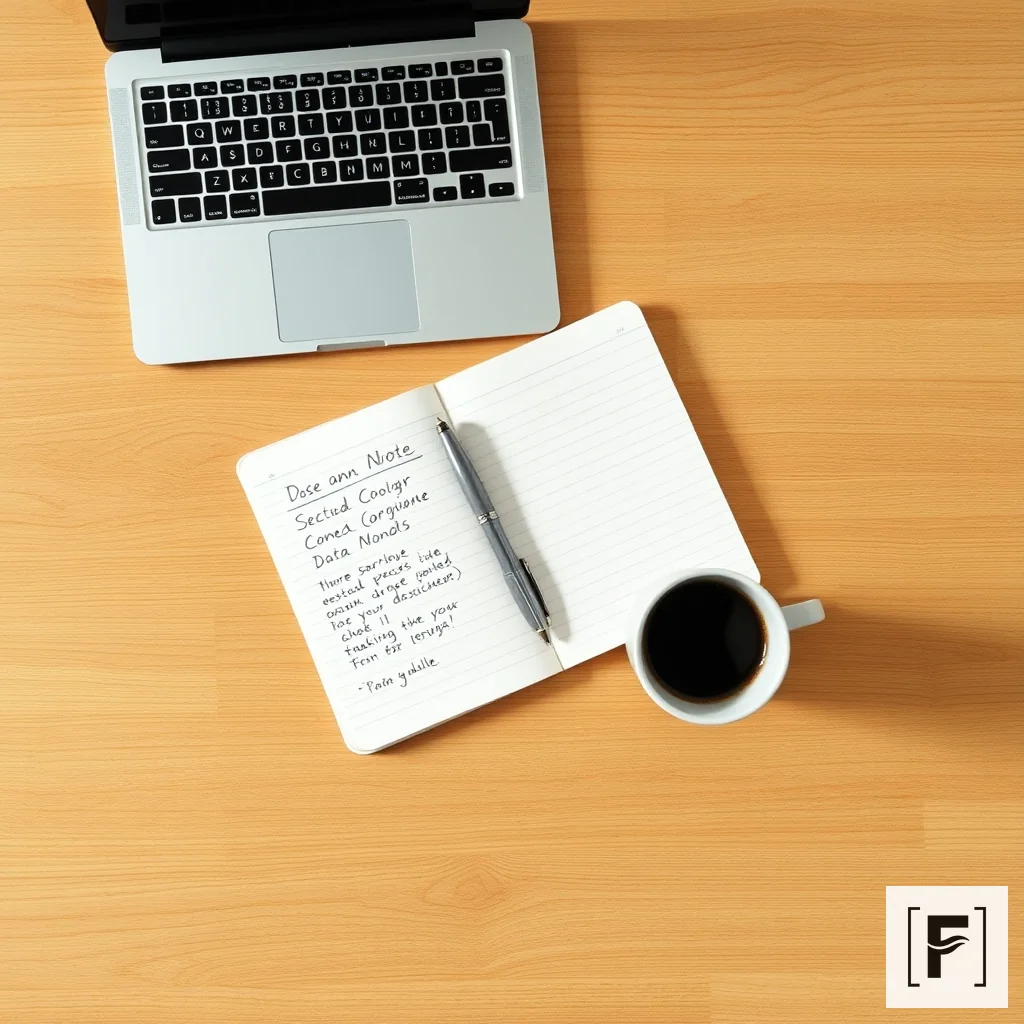 Flat lay of a workspace with a laptop, notebook, and pen arranged neatly for systematic review planning.
