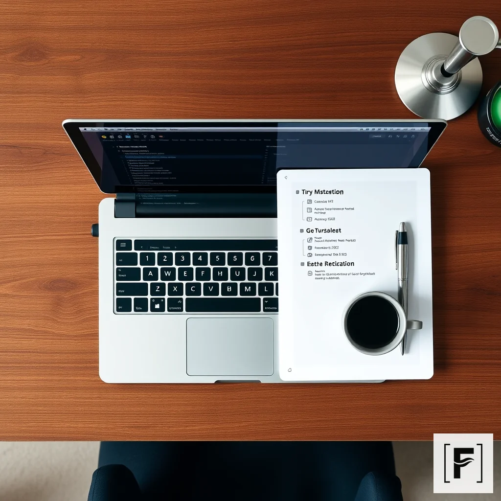 Flat lay of a clean researcher workstation with an organized digital directory on a laptop.
