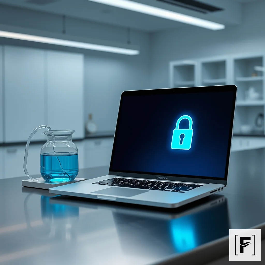 A modern laptop on a lab bench next to glassware, symbolizing secure local data storage.