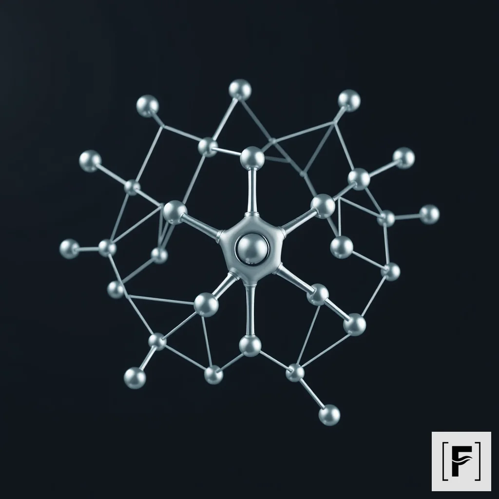 A clean scientific illustration of a complex molecular chemical structure against a dark background.