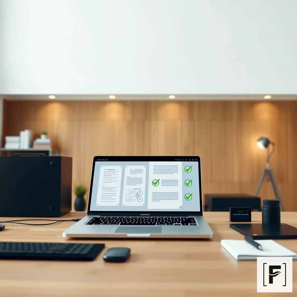 An organized workspace with a laptop displaying clean document structures and verification marks.