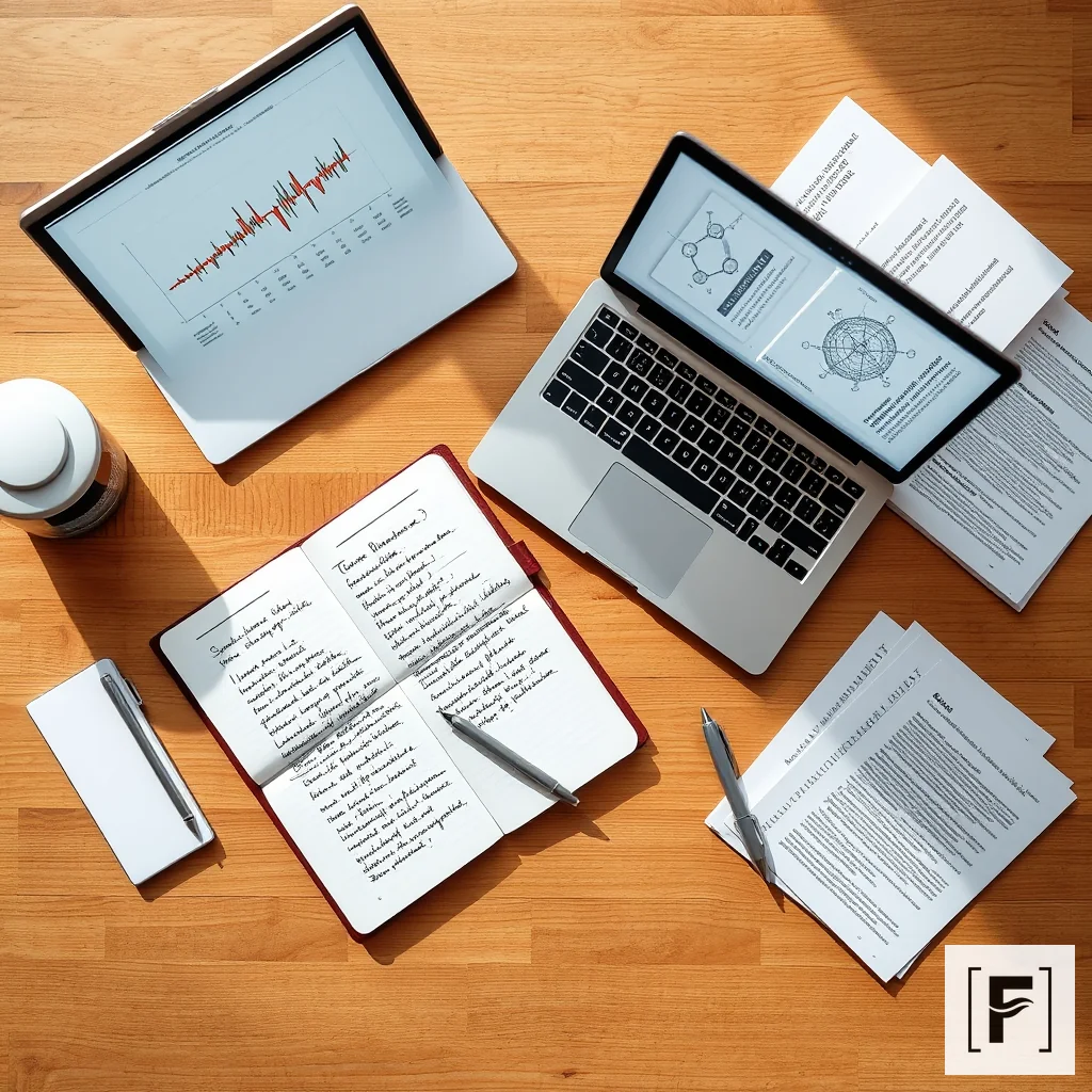 An overhead view of a clean research desk with a laptop, notebook, and scientific papers.