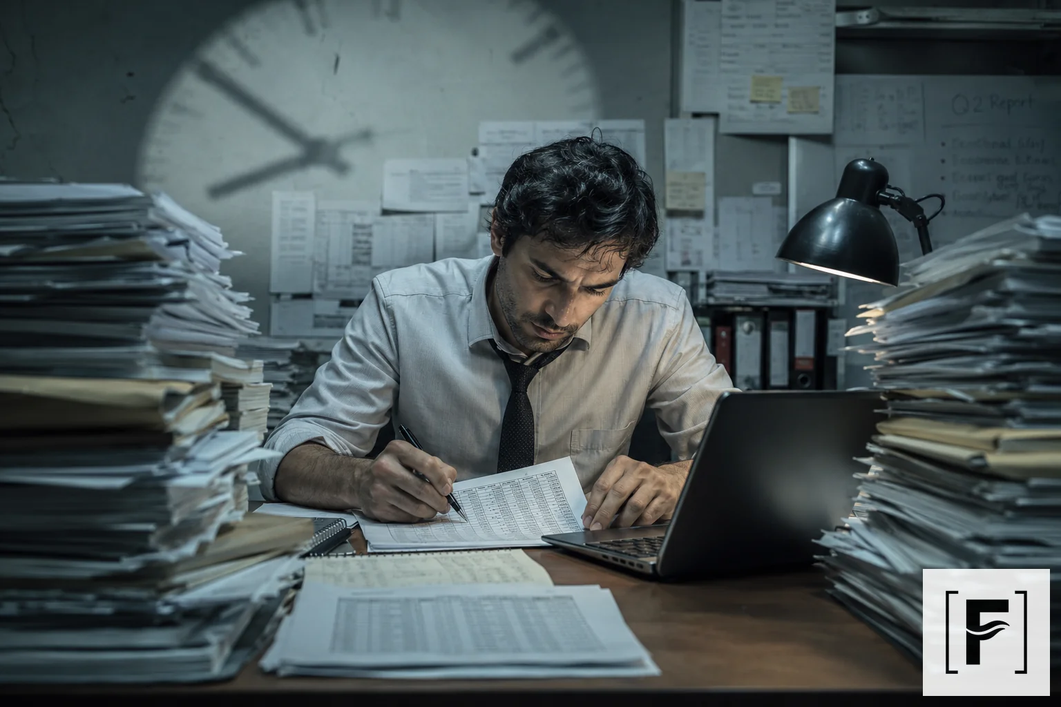 Weary researcher manually copying data from a stack of papers at a cluttered desk.