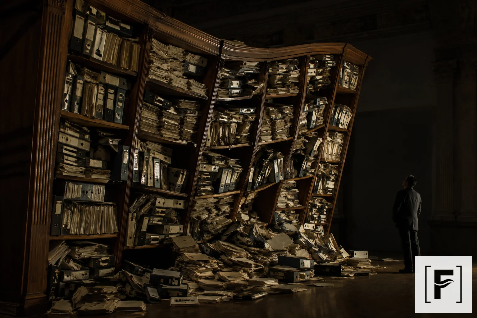 Overloaded wooden bookshelf bowing and collapsing under the weight of messy files.