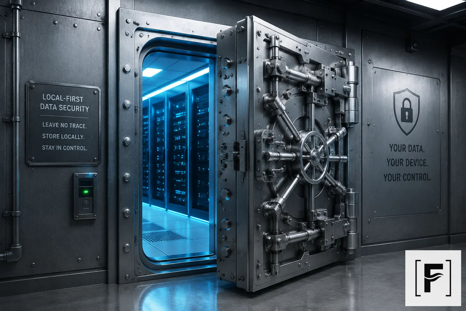 Heavy steel vault door open slightly revealing a secure blue light inside.