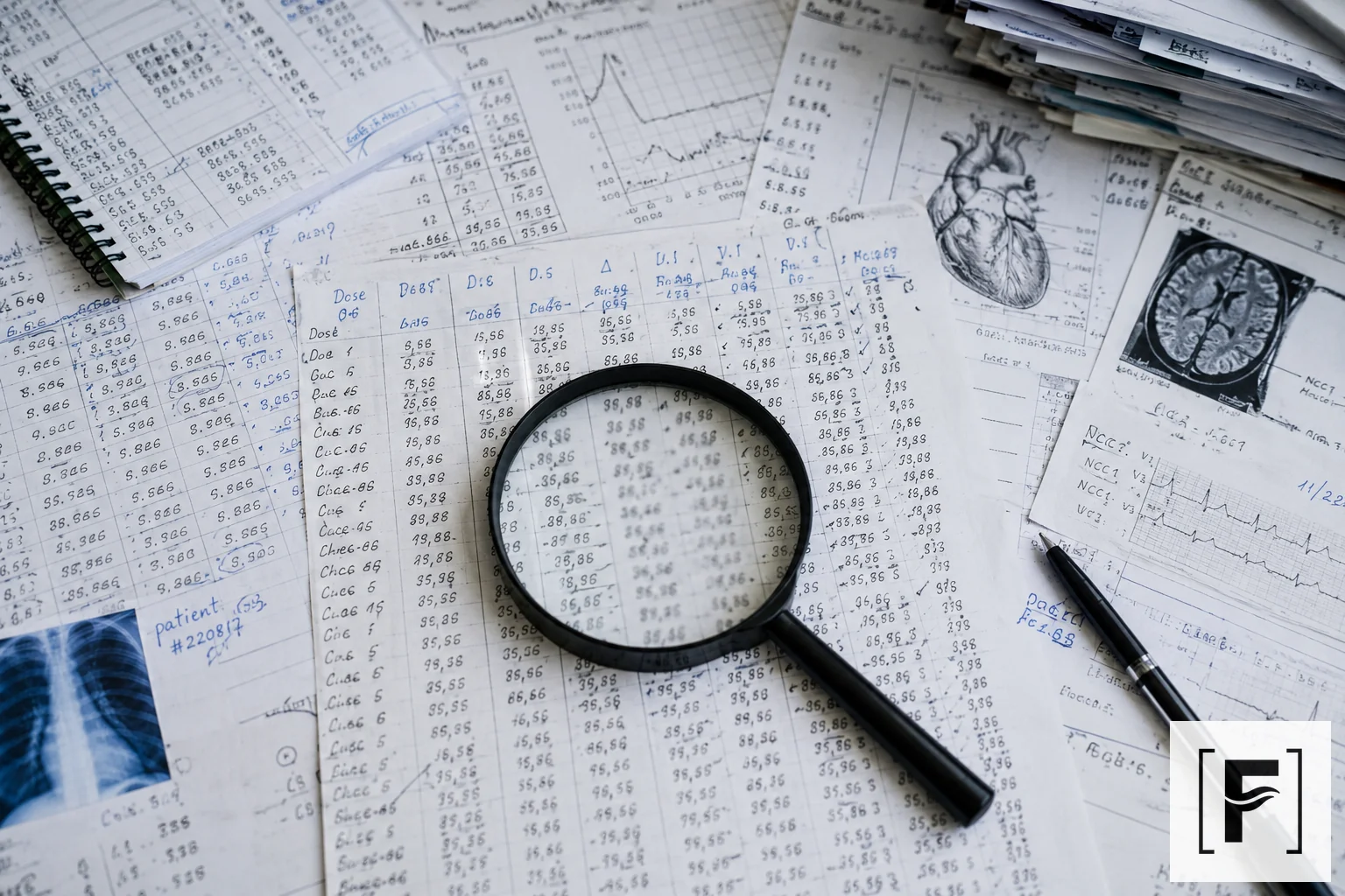 Magnifying glass resting on a chaotic, blurred grid of handwritten medical data charts.