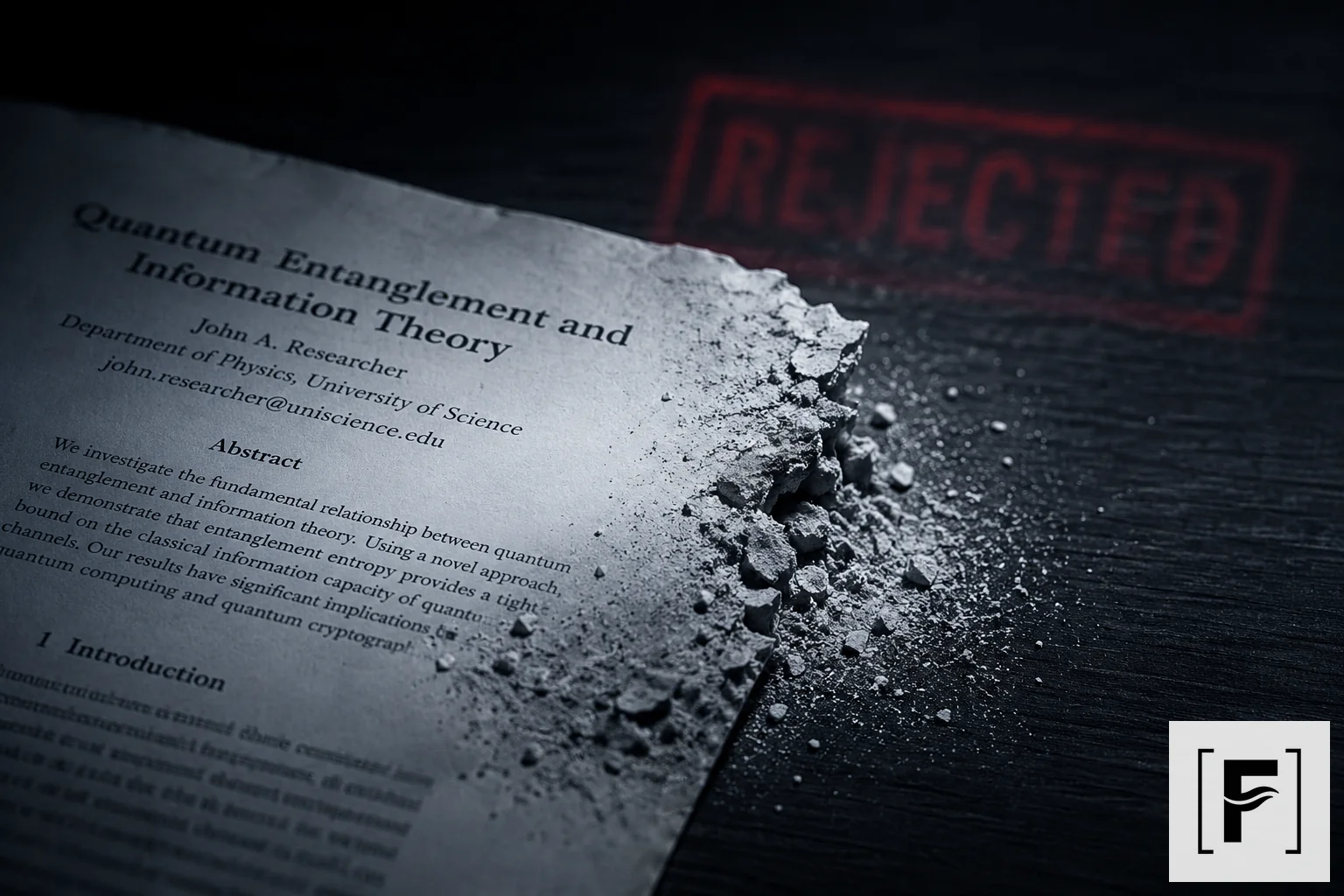 Close up of an academic paper crumbling into dust on a dark surface.