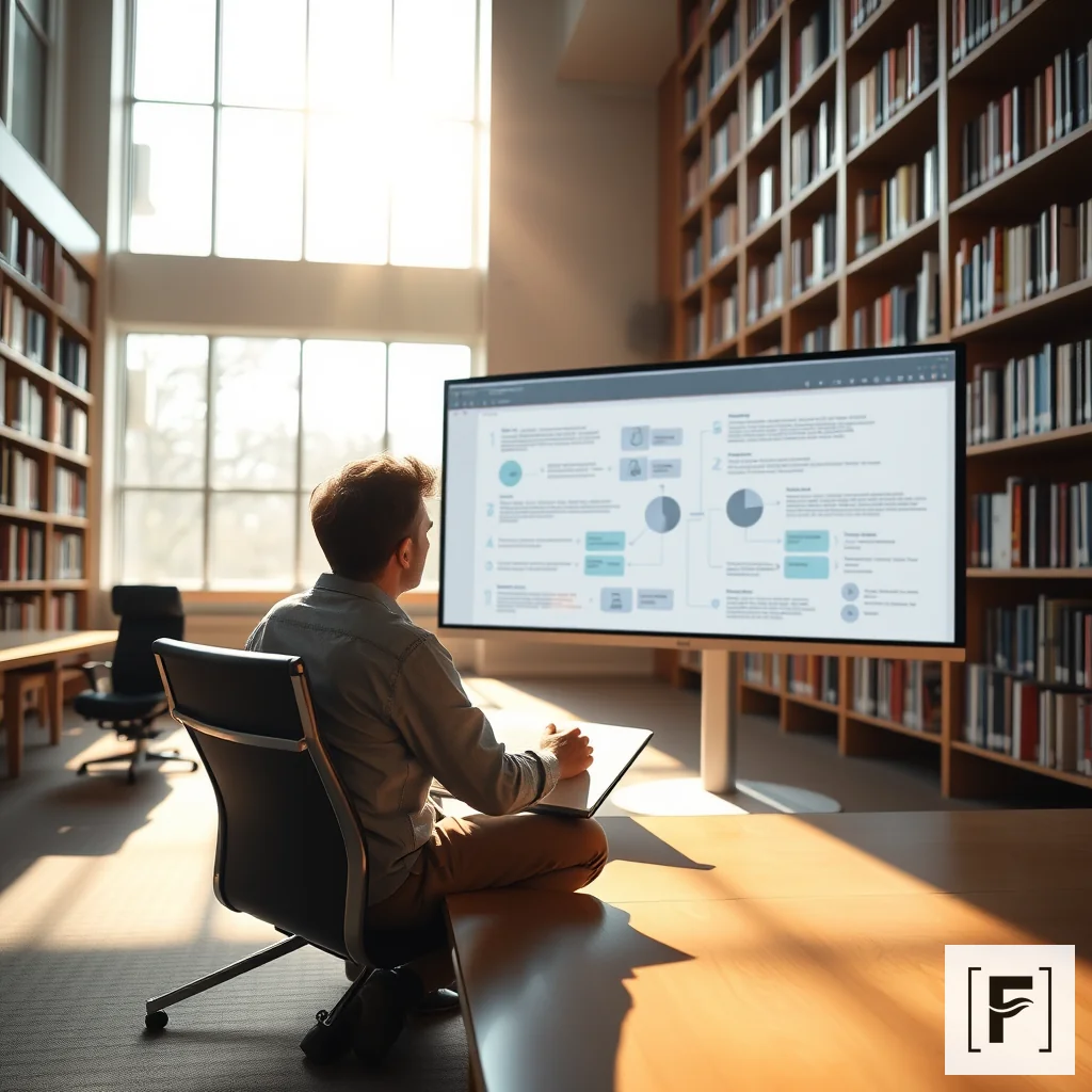 A student working on a large screen displaying synthesized evidence for a dissertation chapter.