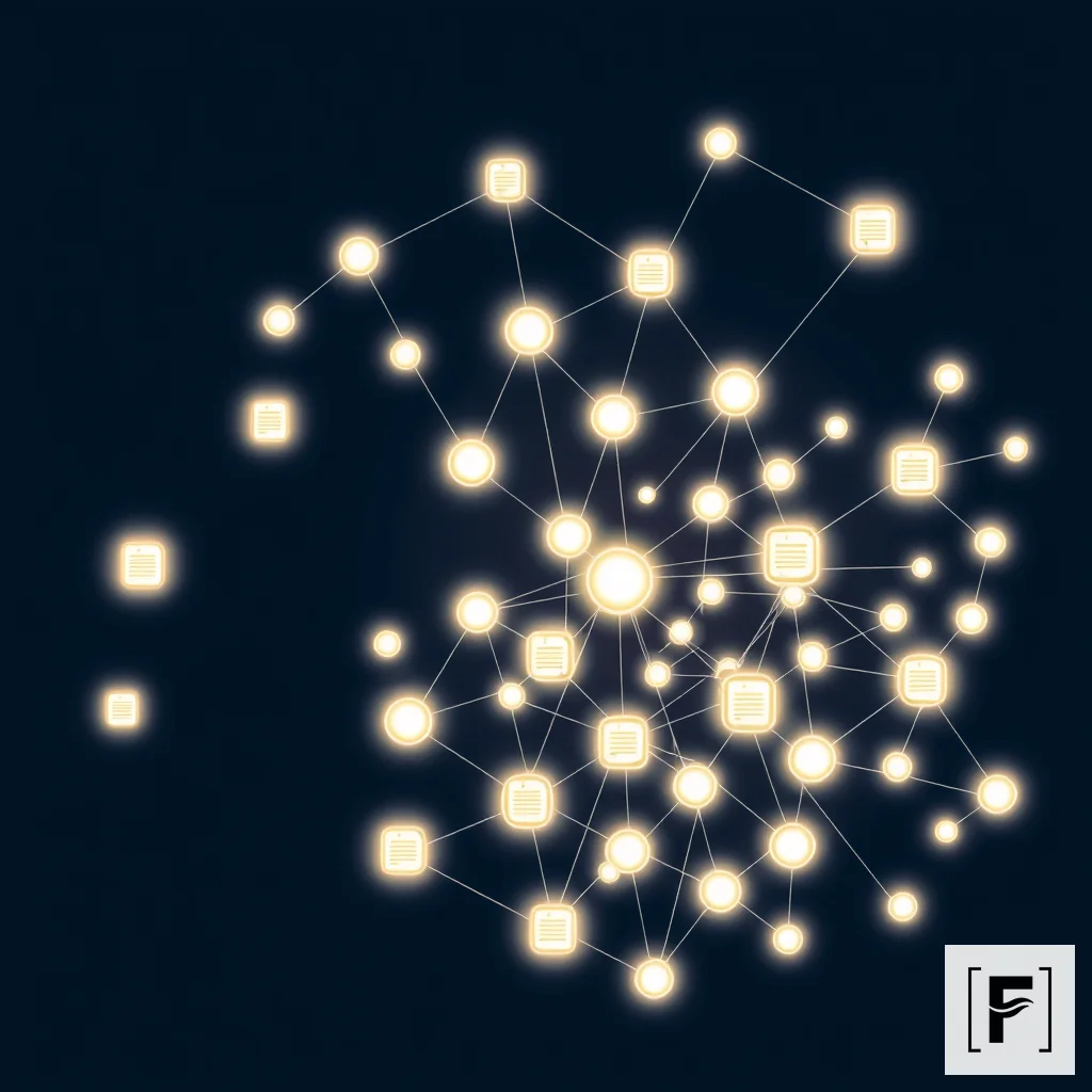 A digital network of interconnected nodes representing a structured and searchable research database.