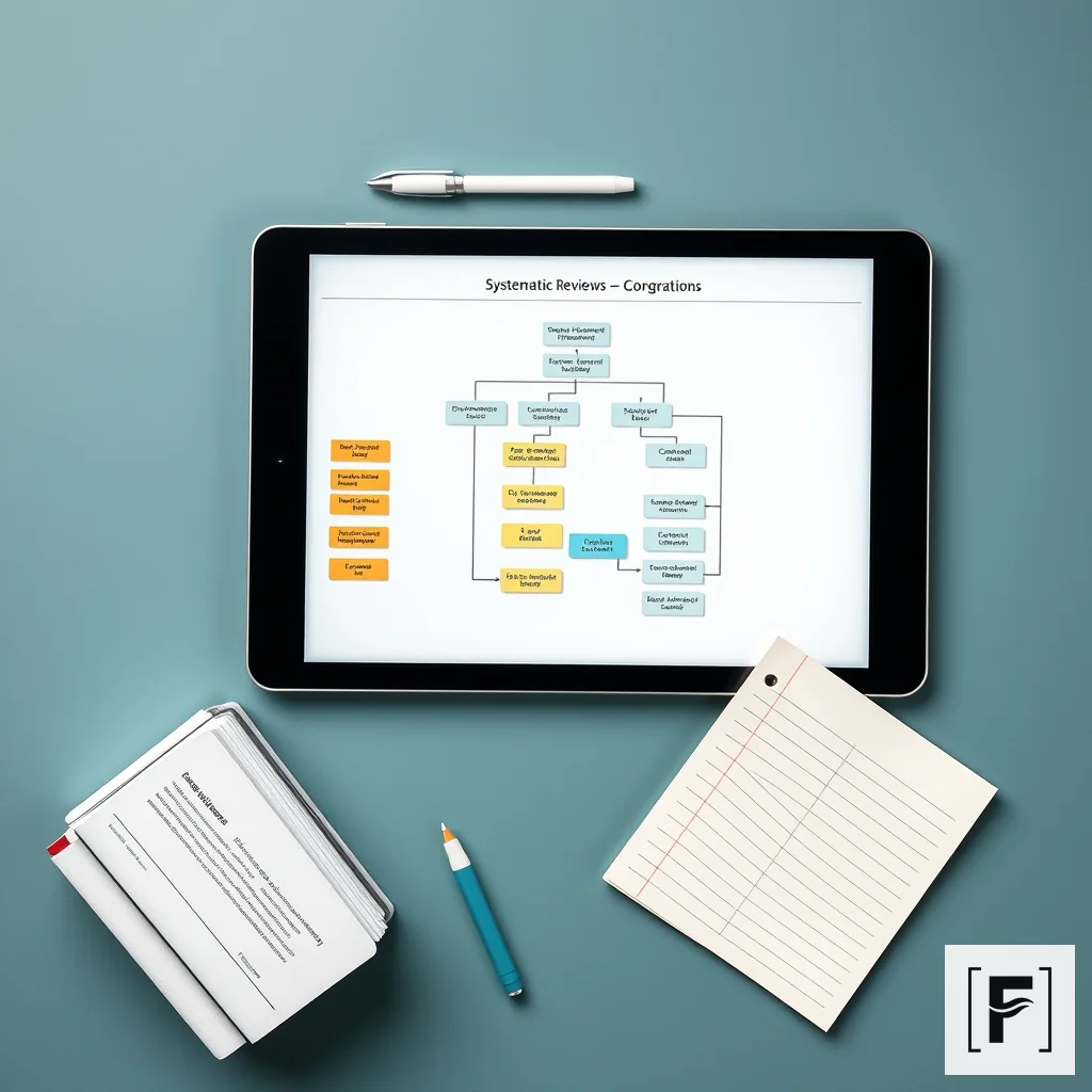 A researcher organizing systematic review data with color-coded tags on a tablet.