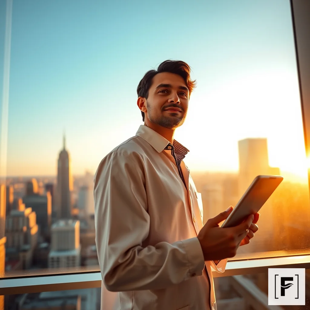A researcher looking confident while holding a tablet in a bright office.