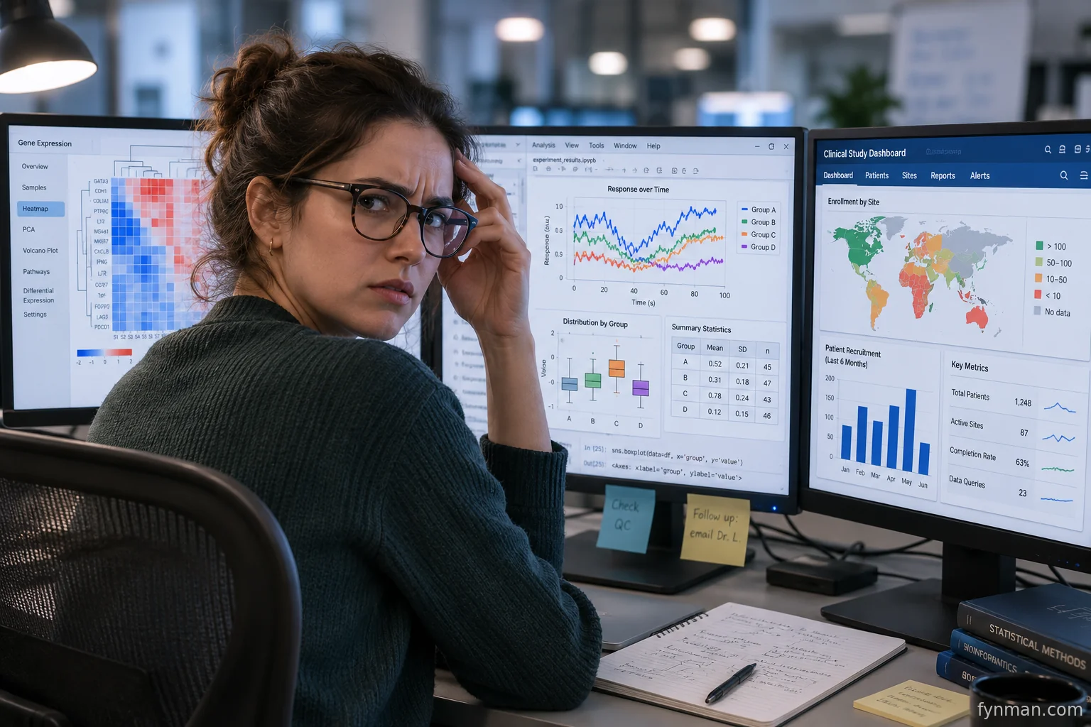 Researcher confused while looking at three different monitors displaying complex data interfaces.