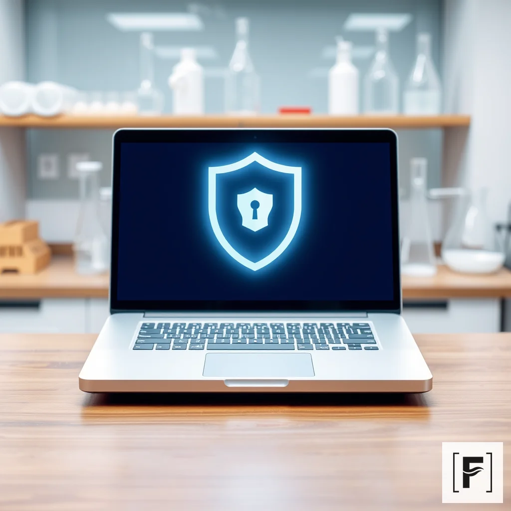 A laptop on a laboratory bench surrounded by a protective digital glow, symbolizing secure local data storage.