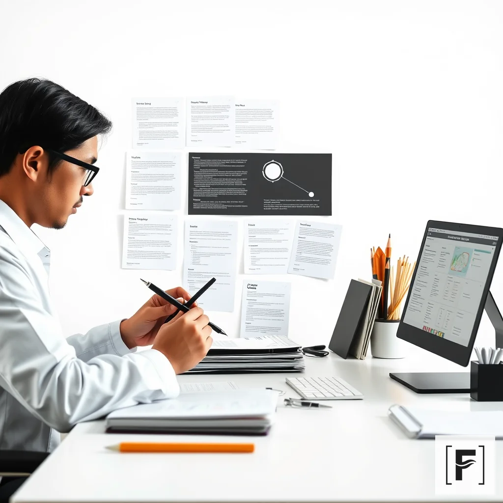 A researcher organizing documents with precision, representing the rigorous structure of PRISMA-compliant reviews.